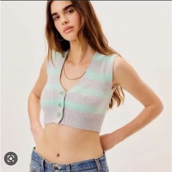 NWT For Love and Lemons Green Grey Stripe Maud Crop Knit Sweater Vest XS - Picture 1 of 11